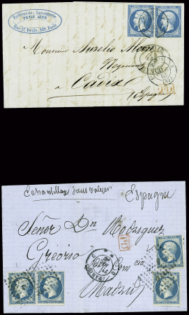 2 lettres pour l'Espagne : n°14 en paire obl. CAD "3e Paris 3" (1863) pour Cadix et n°14, 4 pièces, obl. Losange de points "C" (1860) pour Madrid