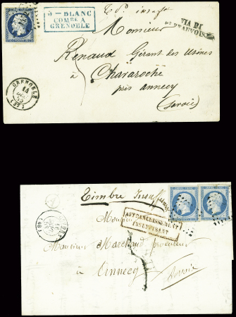 2 lettres pour les Etats sardes : n°14 obl. PC 1452 + T15 Grenoble (1855) pour Chavaroche près Annecy et n°14, 2 pièces, obl. PC 1403 + T15 Givors (1858)