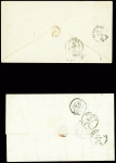 2 lettres pour les Etats sardes : n°14 obl. PC 1452 + T15 Grenoble (1855) pour Chavaroche près Annecy et n°14, 2 pièces, obl. PC 1403 + T15 Givors (1858)