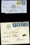 2 lettres pour la Suisse : n°13 + 14 obl. PC 2199 + T15 Mulhouse (1862) pour Unterwiller avec taxe 40 rouge et n°14, 4 pièces obl. Losange "D" + CAD