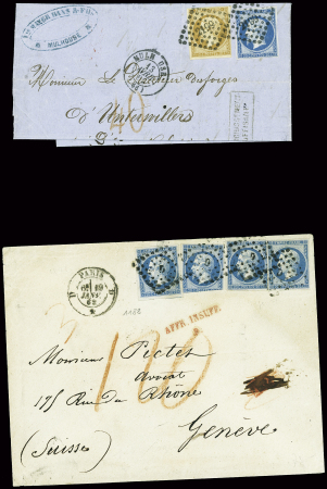2 lettres pour la Suisse : n°13 + 14 obl. PC 2199 + T15 Mulhouse (1862) pour Unterwiller avec taxe 40 rouge et n°14, 4 pièces obl. Losange "D" + CAD