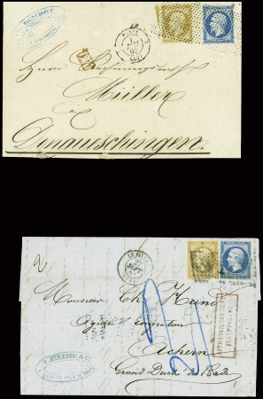 2 lettres pour le grand duché de Bade : n°13 + 14 obl. Roulette de pointillés + CAD "3e Paris 3" (1860) pour Donaueschingen et n°13 + 14 obl. PC 1495