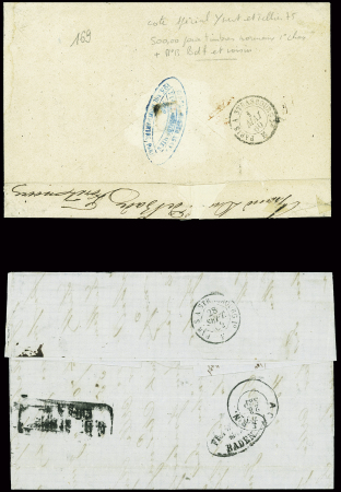 2 lettres pour le grand duché de Bade : n°13 + 14 obl. Roulette de pointillés + CAD "3e Paris 3" (1860) pour Donaueschingen et n°13 + 14 obl. PC 1495