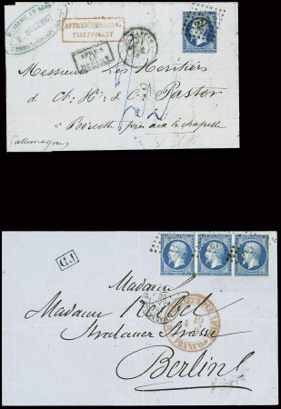 2 lettres pour la Prusse : n°14 obl. PC 2221 + T15 Nantes (1859) pour Borcett (Rhénanie) et n°14, bande de 3 obl. Losange de points "LM2" + CAD