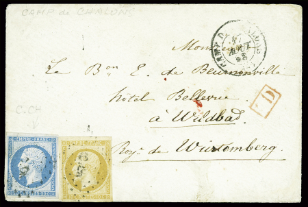 N°13 + 14 obl. Losange de points "C.CH" + CAD "Camp de Chalons" (1858) sur lettre de Wildbad (Wurtemberg). Rare