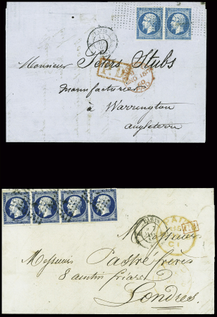 2 lettres pour la Grande-Bretagne : n°14 en paire obl. Roulette de pointillés + CAD "3e Paris 3" (1860) pour Warrington et n°14, bande de 4 obl