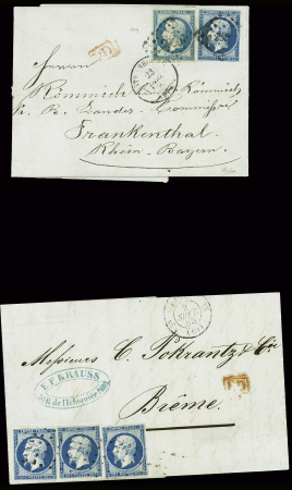N°14 en paire obl. PC 2950 + T15 Strasbourg (1860) sur lettre pour Frankenthal (Rhénanie) et n°14, 3 pièces, obl. Rouleau de gros points