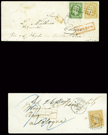 2 lettres pour la Prusse : n°12 + 16 obl. Rouleau de gros points + CAD de Paris (1855) sur lettre pour Cologne et n°16 obl. Losange de points "E" + CA