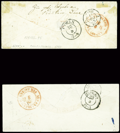 2 lettres pour la Prusse : n°12 + 16 obl. Rouleau de gros points + CAD de Paris (1855) sur lettre pour Cologne et n°16 obl. Losange de points "E" + CA