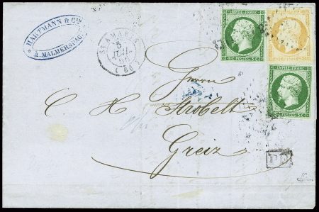 N°12, 2 pièces + 16 obl. PC 2976 + T15 St Amarin (1856) sur lettre pour Greiz (principauté de Reuss) (ex. collection Jean Paul Schroeder). TB