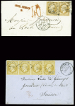 3 lettres pour la Suisse : n°13, 2 pièces obl. Losange de points "B" + CAD "B Paris B" (1862) sur lettre pour Le Locle avec griffe rouge "AFF insuff B"