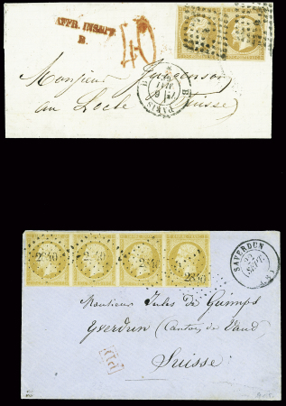 3 lettres pour la Suisse : n°13, 2 pièces obl. Losange de points "B" + CAD "B Paris B" (1862) sur lettre pour Le Locle avec griffe rouge "AFF insuff B"
