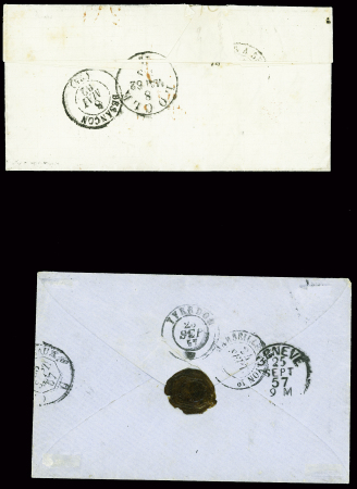 3 lettres pour la Suisse : n°13, 2 pièces obl. Losange de points "B" + CAD "B Paris B" (1862) sur lettre pour Le Locle avec griffe rouge "AFF insuff B"