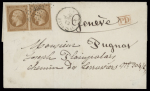 3 lettres pour la Suisse : n°13, 2 pièces obl. Losange de points "B" + CAD "B Paris B" (1862) sur lettre pour Le Locle avec griffe rouge "AFF insuff B"