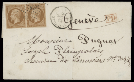 3 lettres pour la Suisse : n°13, 2 pièces obl. Losange de points "B" + CAD "B Paris B" (1862) sur lettre pour Le Locle avec griffe rouge "AFF insuff B"