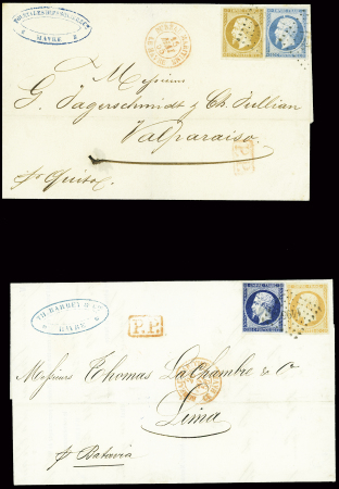 2 lettres pour le Chili et le Pérou : N°13 + 14 obl PC 1495 + CAD rouge "Bureau maritime le Havre" (1855) pour Valparaiso et n°14 + 16 obl PC 1495 + CAD