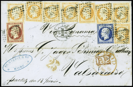 N°14 + 16, 8 pièces + 17 obl. PC 1495 + T15 Le Havre (1856) sur lettre pour Valparaiso du 2ème échelon, ex collection Dubus. TB