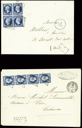 2 lettres : n°14 en bloc de 4 obl. PC 3436 + T15 Troyes (1857) sur lettre du 3ème échelon et n°14, bande de 4 verticale, obl. PC 3601 + T15