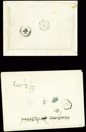 2 lettres : n°14 en bloc de 4 obl. PC 3436 + T15 Troyes (1857) sur lettre du 3ème échelon et n°14, bande de 4 verticale, obl. PC 3601 + T15