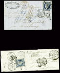 2 letttres : n°14 obl rouleau de gros points + CAD "3e Paris 15" (1855) sur lettre pour Vallerysthal taxée par erreur et n°14 obl. Étoile muette (Paris 1854)