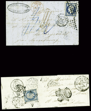 2 letttres : n°14 obl rouleau de gros points + CAD "3e Paris 15" (1855) sur lettre pour Vallerysthal taxée par erreur et n°14 obl. Étoile muette (Paris 1854)