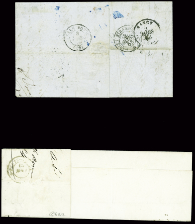 2 letttres : n°14 obl rouleau de gros points + CAD "3e Paris 15" (1855) sur lettre pour Vallerysthal taxée par erreur et n°14 obl. Étoile muette (Paris 1854)