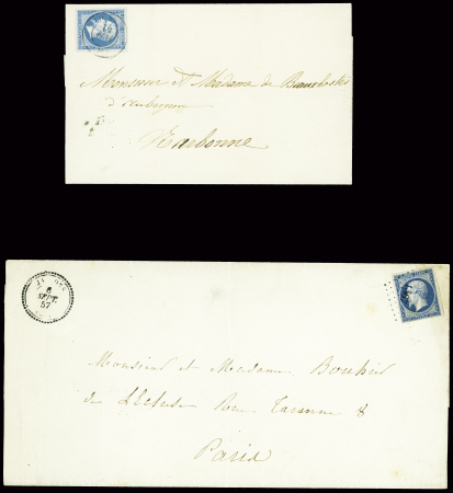 Imprimés : 2 avis de mariage : N°14 obl. T15 Coursan (1862) et n°14 obl. PC 1567 + T22 "Jaalons (49) (1857). TB