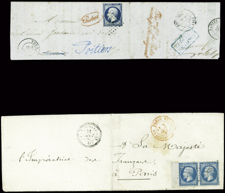 2 lettres en rebut : n°14 obl. PC 3398 + T15 Tours (1856) sur lettre pour Poitiers avec marque ovale rouge "Rebut" + cursive rouge