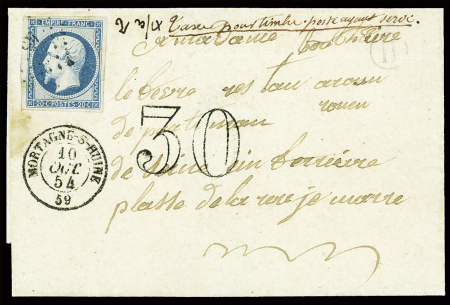 N°14 sur lettre avec T15 "Mortagne-s-Huine 59" (1854) + taxe 30 double-trait et mention manuscrite "taxe pour timbre ayant déjà servi" ete dossier de saisie