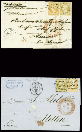 2 lettres pour la Prusse : n°13 + 16 obl. PC 210 + T15 "Avize (49)" (1860) et n°13 + 16 obl. Losange de points "D" + CAD "D Paris D" (1860)