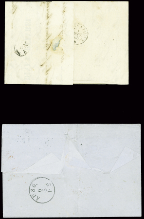 2 lettres pour la Prusse : n°13 + 16 obl. PC 210 + T15 "Avize (49)" (1860) et n°13 + 16 obl. Losange de points "D" + CAD "D Paris D" (1860)