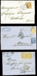 3 lettres : n°16 obl. PC 1818 + T15 "A Lyon A" (1861) pour Udine et n°14 + 16 obl. GC 2145 + T15 Lyon (1863) pour Udine et n+13 + 16 obl gros points