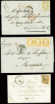 3 lettres : n°16 obl. PC 2486 + T22 Poncé (1860) pour Cork (Irlande). N°16 obl roulette de pointillés + CAD diabolo "x Paris x" (1862) pour Londres
