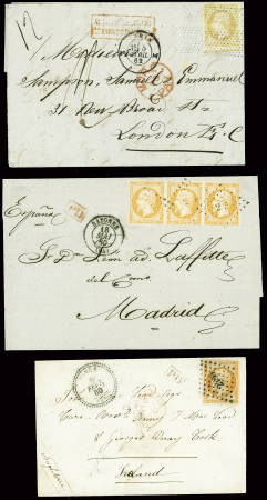 3 lettres : n°16 obl. PC 2486 + T22 Poncé (1860) pour Cork (Irlande). N°16 obl roulette de pointillés + CAD diabolo "x Paris x" (1862) pour Londres