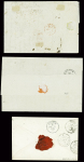 3 lettres : n°16 obl. PC 2486 + T22 Poncé (1860) pour Cork (Irlande). N°16 obl roulette de pointillés + CAD diabolo "x Paris x" (1862) pour Londres