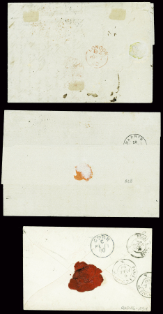 3 lettres : n°16 obl. PC 2486 + T22 Poncé (1860) pour Cork (Irlande). N°16 obl roulette de pointillés + CAD diabolo "x Paris x" (1862) pour Londres