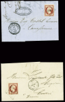 2 lettres : n°17 obl. PC 1656 + T22 "Larroque d'Olmes (8)" (1858) sur lettre du 3ème échelon pour Carcassonne et n°17 obl. PC 3068 + T15 Ste Foy-La-Grande (1856) sur lettre du 3ème échelon pour Coutras. TB