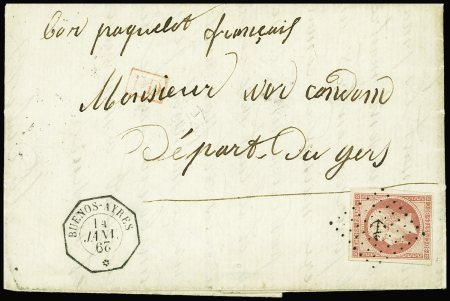 N°17 obl. ancre + CAD octogonal à cercle intérieur "Buenos Ayres" (1862) sur lettre pour Condom (Salles n°1058), ind 21. TB n°1060), ind 19. TB