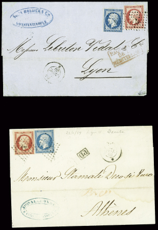 2 lettres : n°14 + 17 obl. Ancre + CAD "Neva" (1860) sur lettre pour Lyon et n°14 + 17 obl. Ancre + CAD "Danube" (1859) sur lettre pour Athènes. B