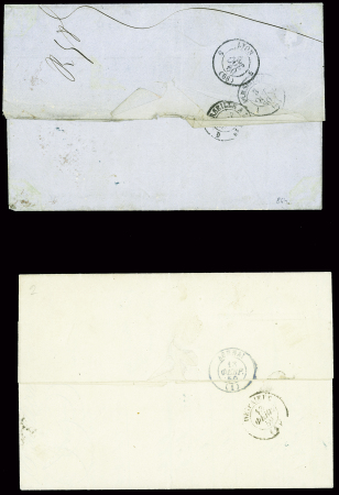 2 lettres : n°14 + 17 obl. Ancre + CAD "Neva" (1860) sur lettre pour Lyon et n°14 + 17 obl. Ancre + CAD "Danube" (1859) sur lettre pour Athènes. B