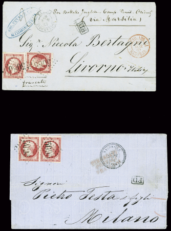 4 lettres des bureaux à l'étranger : n°17, 2 pièces, obl. GC 5080 + T15 Alexandrie Egypte (1862) sur lettre pour Livourne, n°17 en paire obl. GC 5095