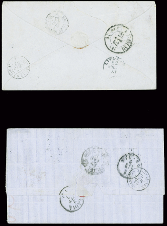 4 lettres des bureaux à l'étranger : n°17, 2 pièces, obl. GC 5080 + T15 Alexandrie Egypte (1862) sur lettre pour Livourne, n°17 en paire obl. GC 5095