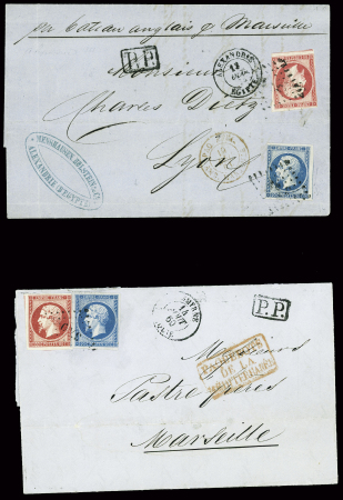 4 lettres des bureaux à l'étranger : n°17, 2 pièces, obl. GC 5080 + T15 Alexandrie Egypte (1862) sur lettre pour Livourne, n°17 en paire obl. GC 5095