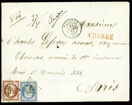 N°14 + 17 obl. PC 1236 + T15 Falaise (1855) sur lettre du 3ème échelon chargée pour Paris. TB
