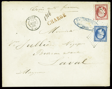 N°14 + 17 obl. PC 2738 + T15 "Rouen (74)" (1860) sur lettre chargée du 3ème échelon pour Laval. TB