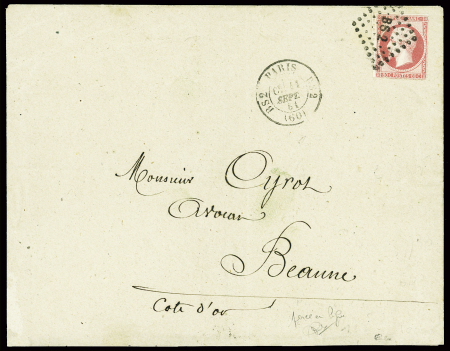 N°17 (percé en lignes), obl. Losange de points "BS2" + CAD "BS2 Paris BS2" (1861) sur lettre pour Beaune. TB