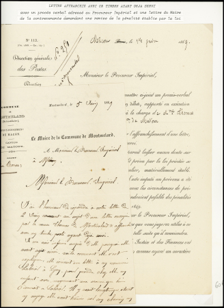 N°29 sur lettre avec CAD T16 "Matour (70)" (1869) + taxe 30 double-trait + boite rurale C et mention manuscrite à l'encre rouge