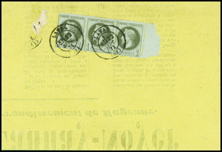 N°25, bande de 3 avec BDF obl T17 Laval (22 sept 71) sur affiche avec à l'intérieur timbre fiscal à 5c. TB