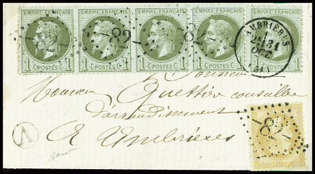 N°25, bande de 5 + n°28 obl GC 82 + T16 "Ambrières (51)" (31 oct 1871) sur lettre locale, sup