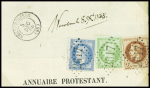 N°20 + 26 + 29 obl GC 2617 + T15 "Negrepelisse (85)" (1868) sur fragment d'imprimé ("annuaire protestant") et n°25 + 26 obl T17 Toulouse sur imprimé